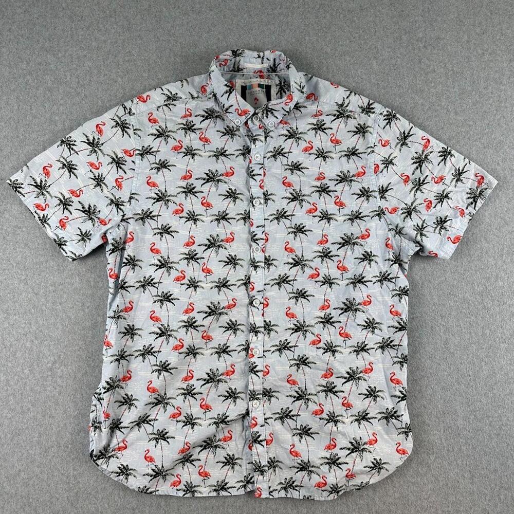 Cactus Man Ricky Singh Button Up Shirt Pink Flamingo’s Sz XL Blue Green Hawaiian